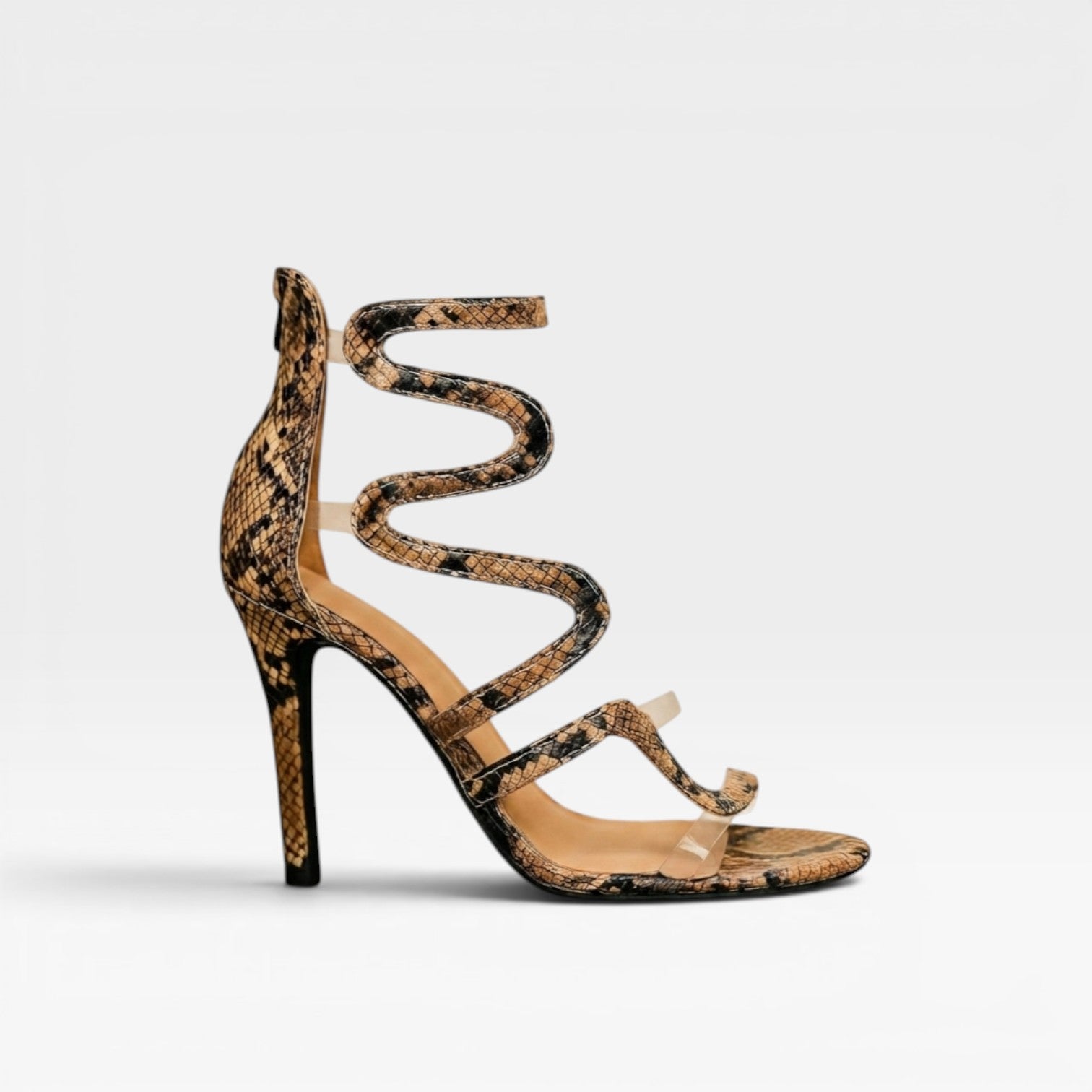 Reptile Print Stiletto Sandals, Spiral Ankle Wrap Heel
