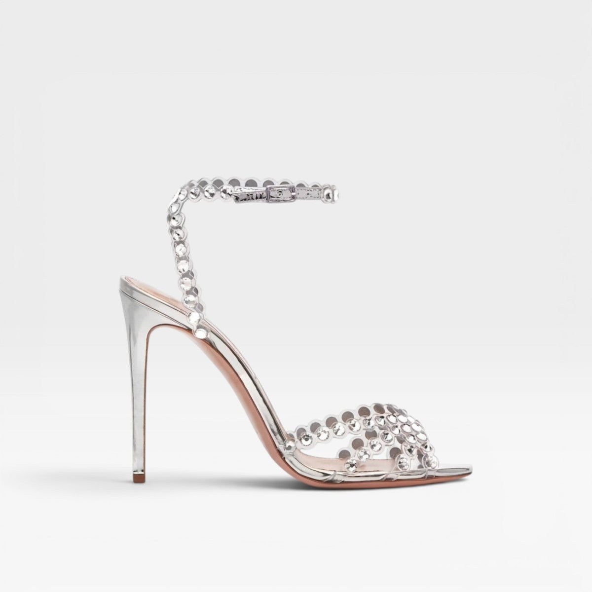 Crystal Jewel Strappy Heels, Silver Peep Toe Stiletto