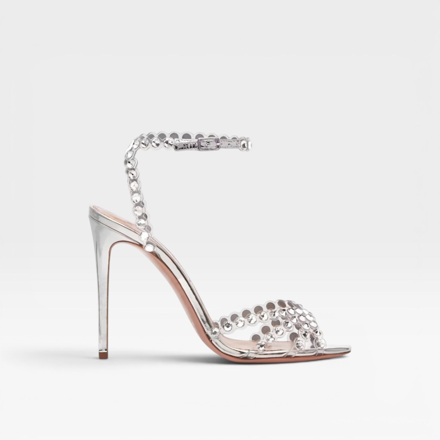 Crystal Jewel Strappy Heels, Silver Peep Toe Stiletto