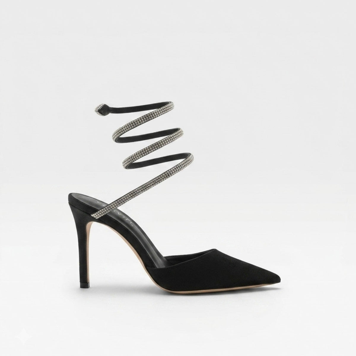 Crystal Ankle Wrap Heels, Satin Pointed Toe Stiletto