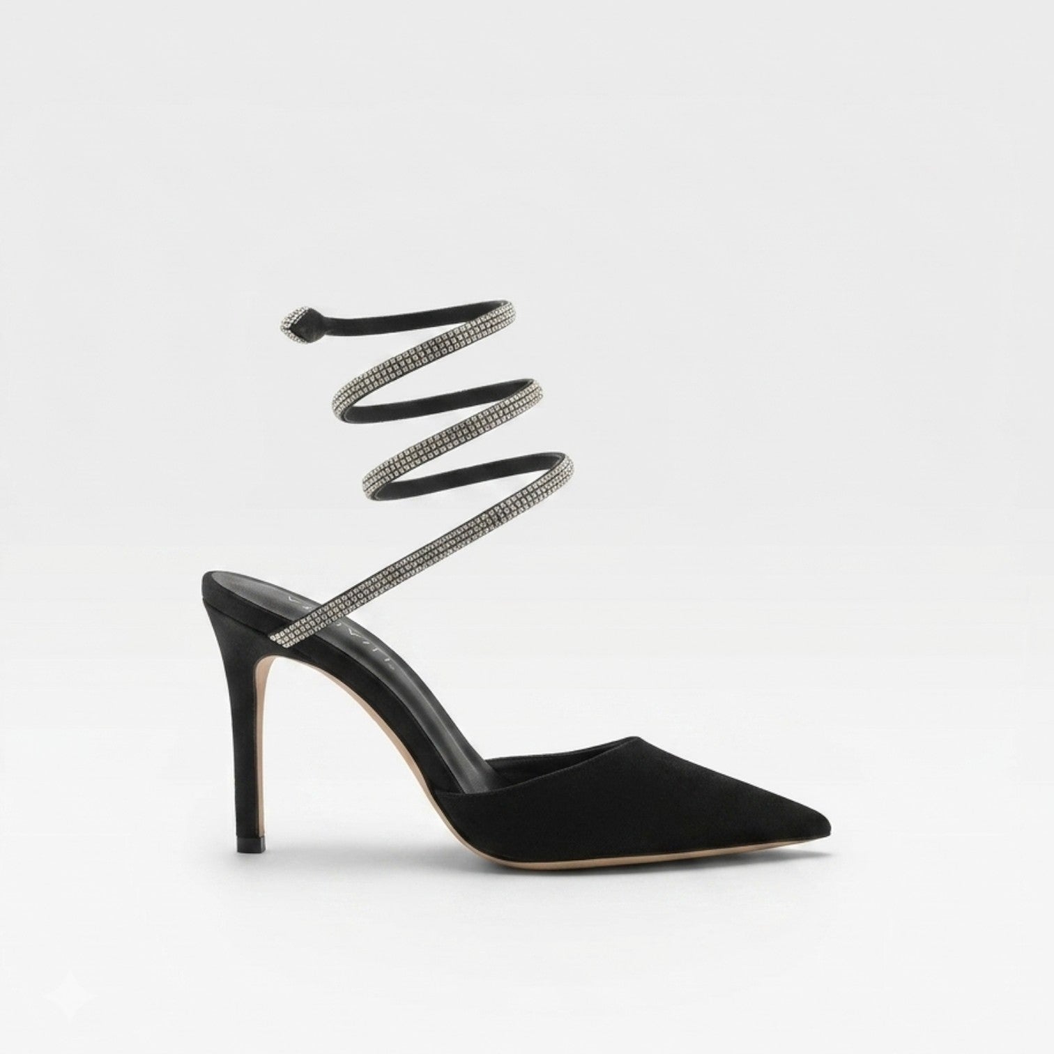 Crystal Ankle Wrap Heels, Satin Pointed Toe Stiletto