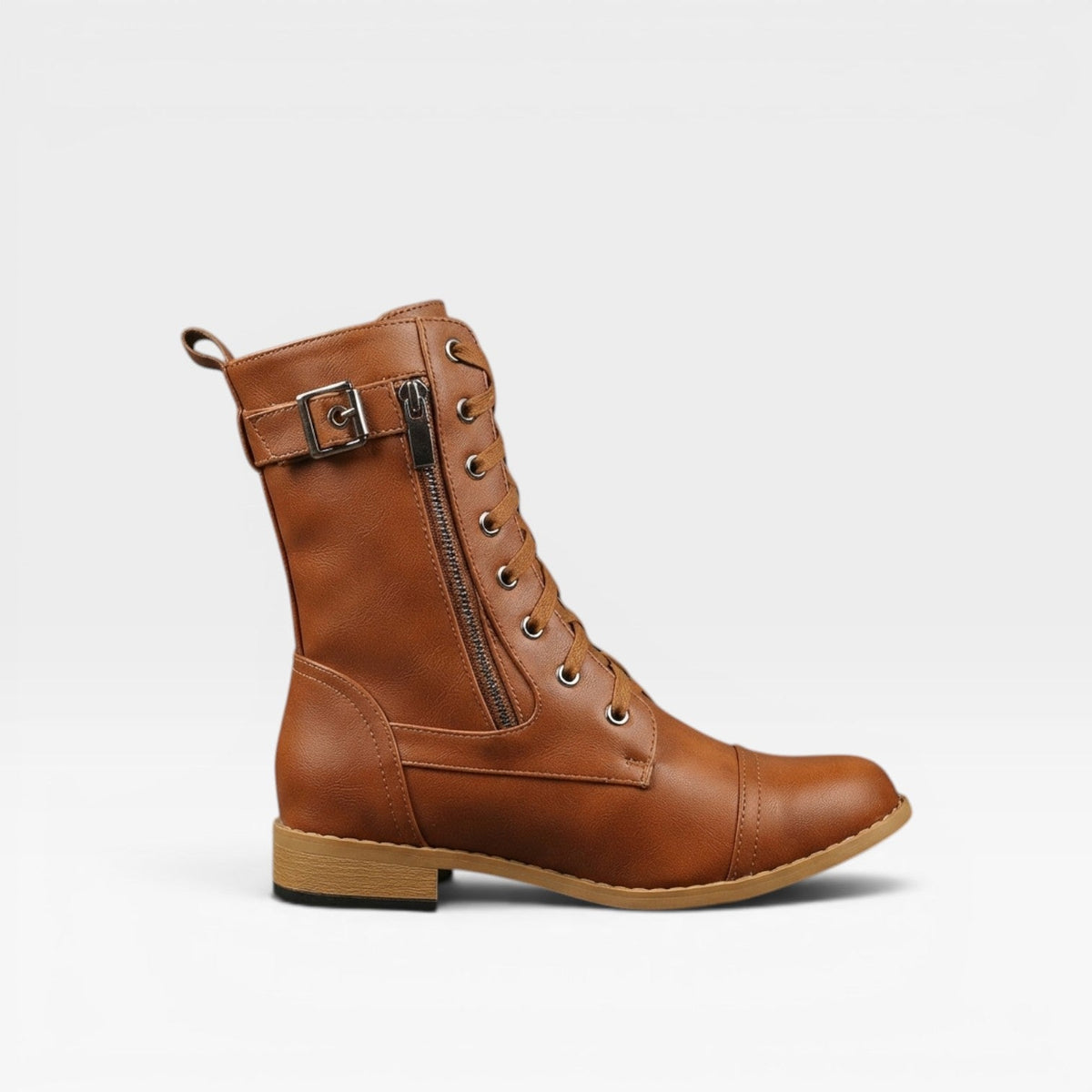 Lace Up Mid Calf Boots, Distressed Leather Block Heel