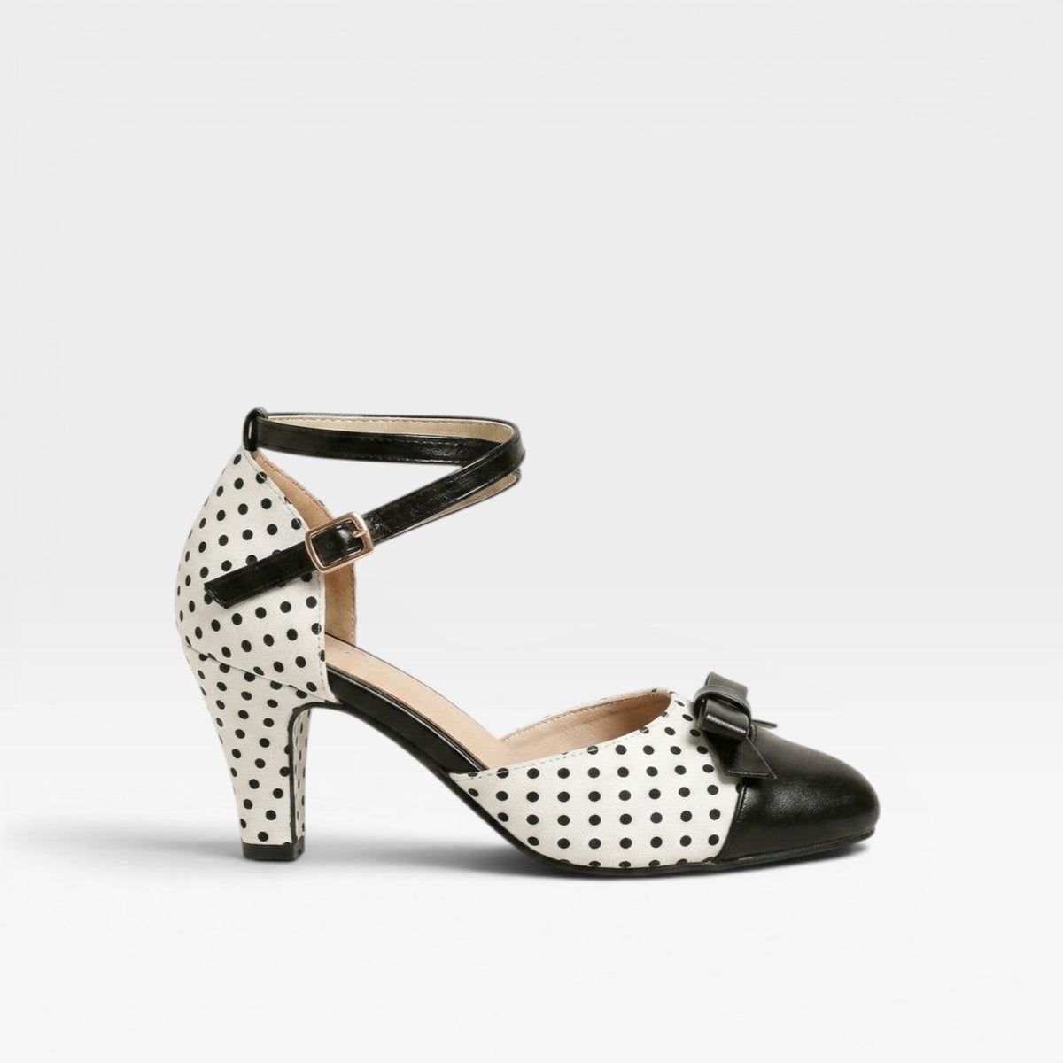 Polka Dot Pumps, Bow Cap Toe Chunky Curved Heel Shoes