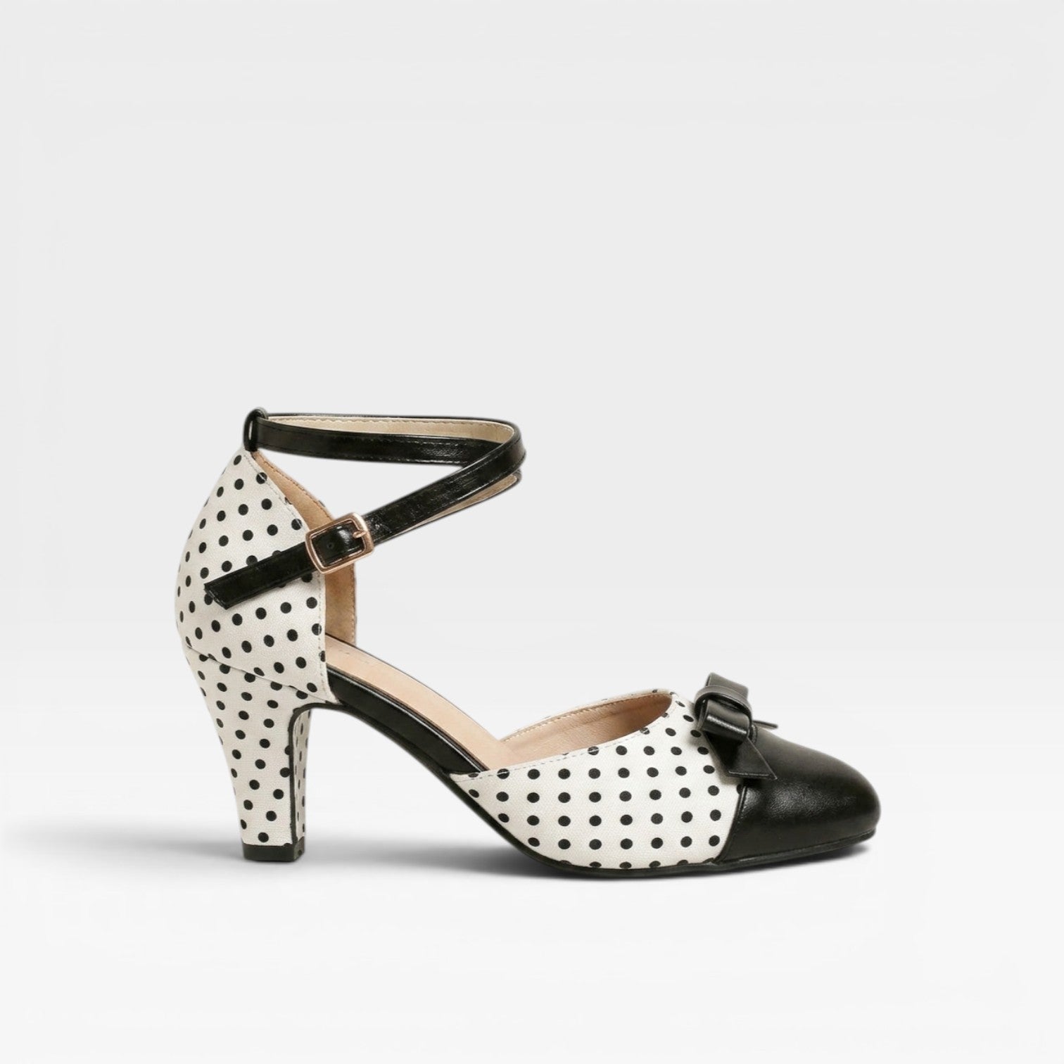 Polka Dot Pumps, Bow Cap Toe Chunky Curved Heel Shoes