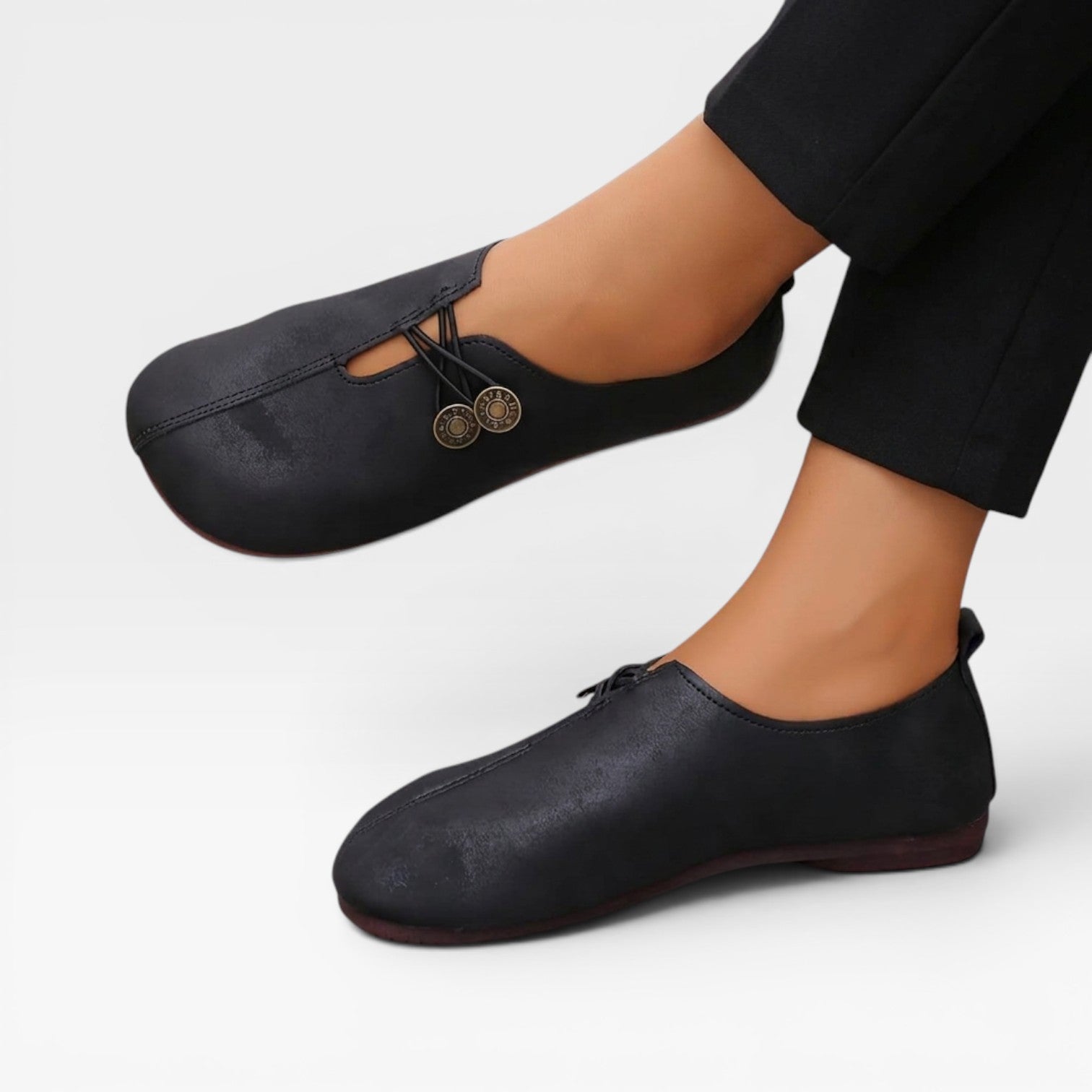 Vintage Button Loafers, Soft Round Toe Slip On Flats