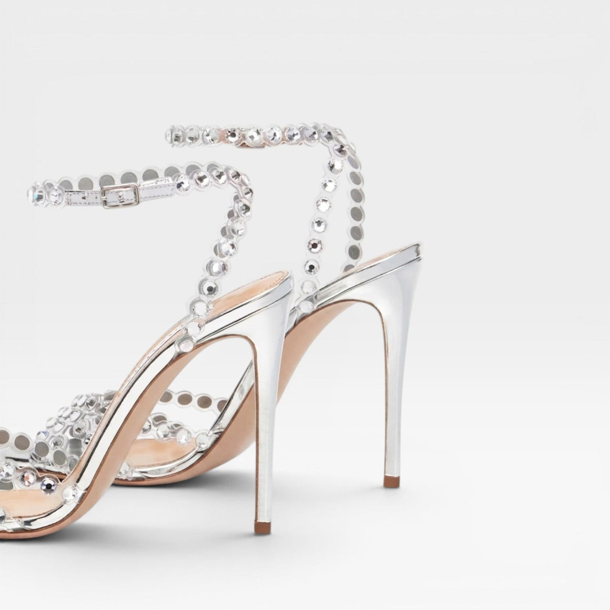 Crystal Jewel Strappy Heels, Silver Peep Toe Stiletto