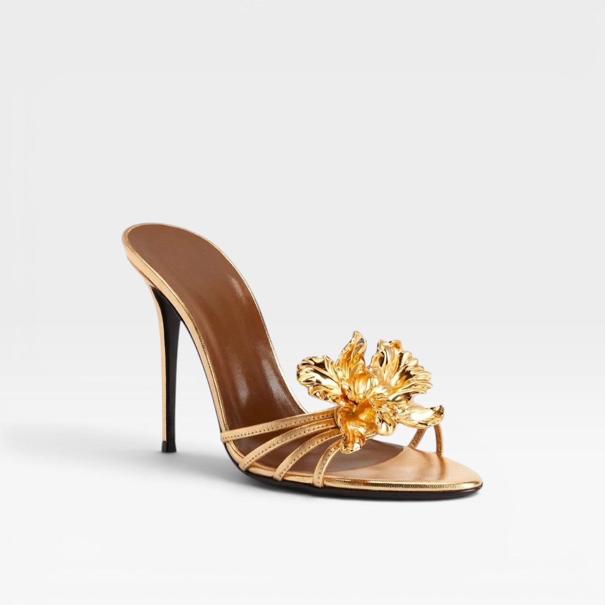 Sculpted Flower Mule Heels, Metallic Pointed Toe Shoes