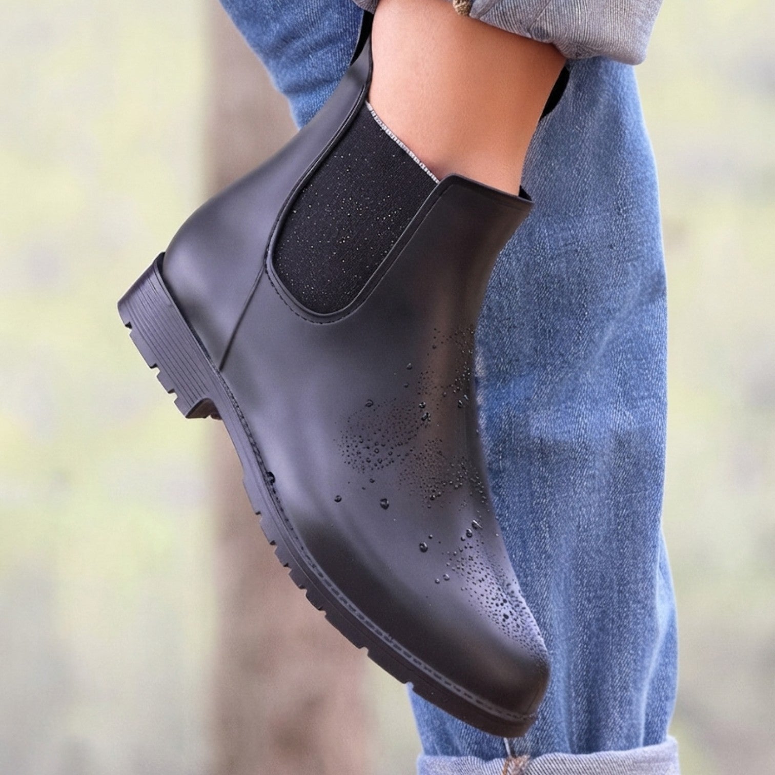 Waterproof Chelsea Rain Boots, Glossy Block Heel Style