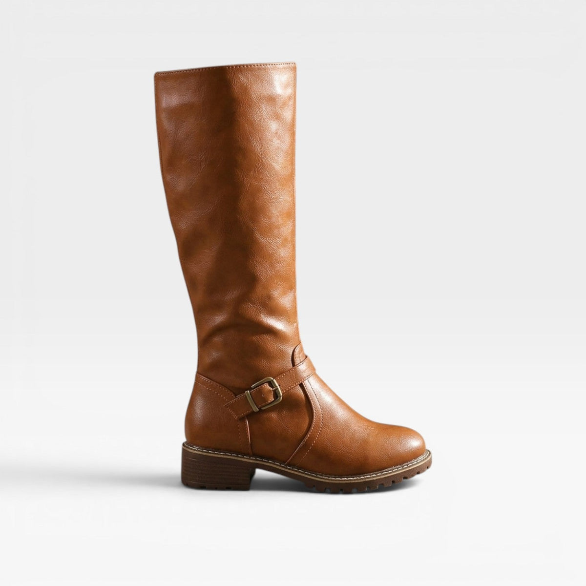 Knee High Leather Boots, Buckle Strap Low Block Heel