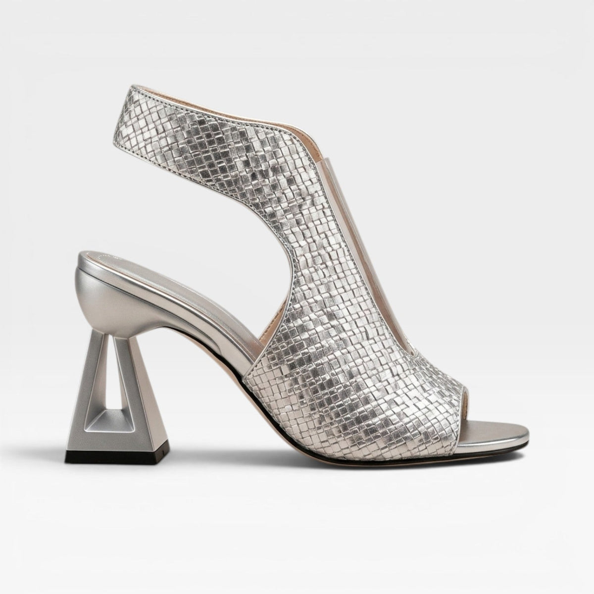 Woven Metallic Sandals, Sculpted Geometric Heel Open Toe