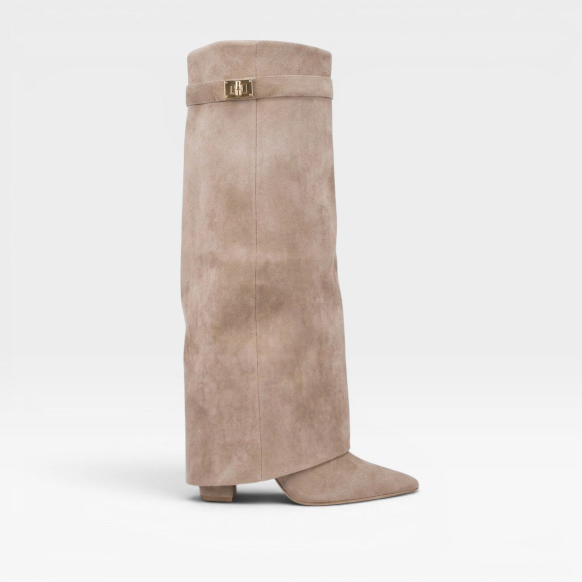 Fold Over Knee High Boots, Pointed Toe Suede Block Heel