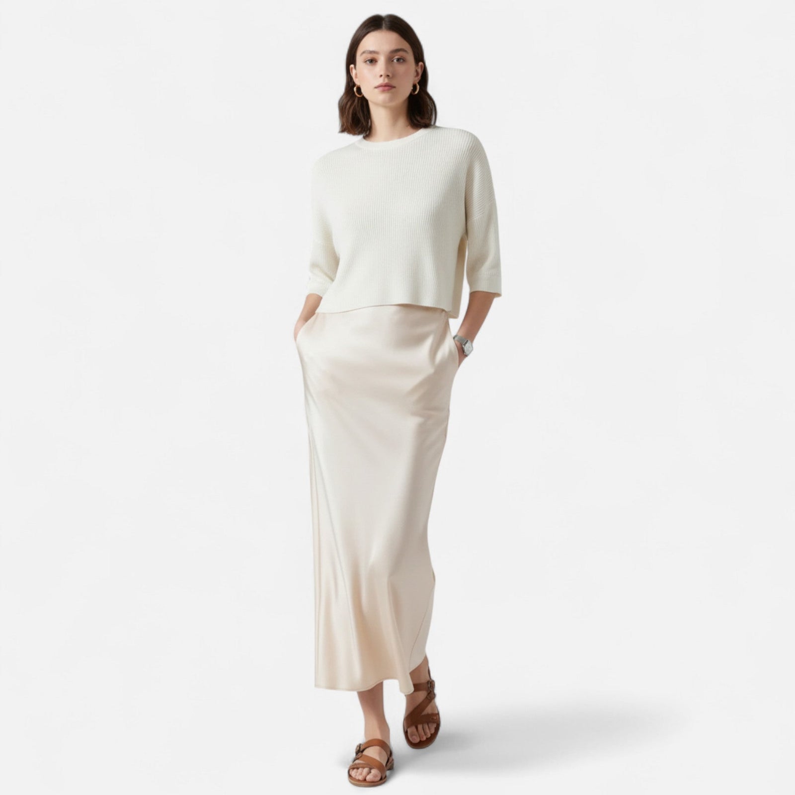 Pure Silk Midi Skirt, Fluid Drape with Natural Sheen
