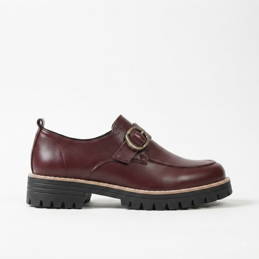 Monk Strap Leather Loafers, Chunky Lugged Buckle Shoes