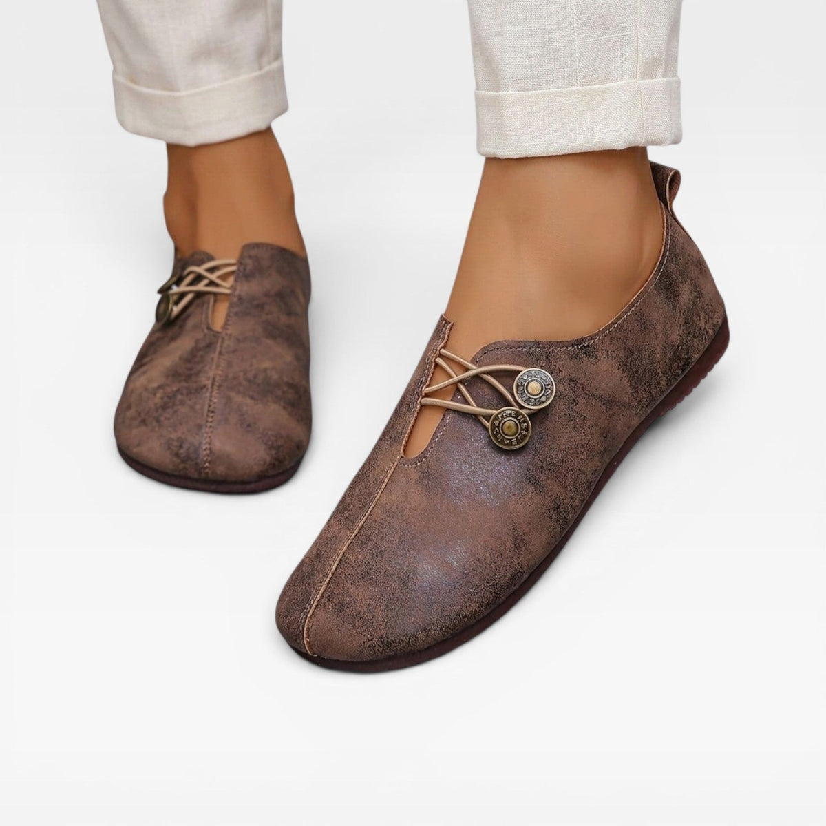 Vintage Button Loafers, Soft Round Toe Slip On Flats