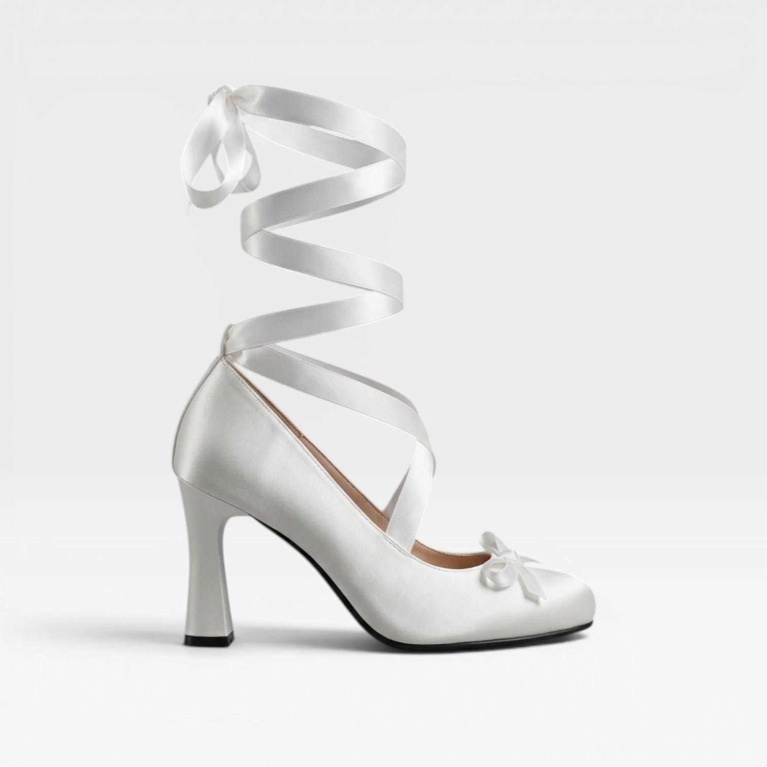Satin Ballet Pumps, Ribbon Lace Up Block Heel Bow Shoes