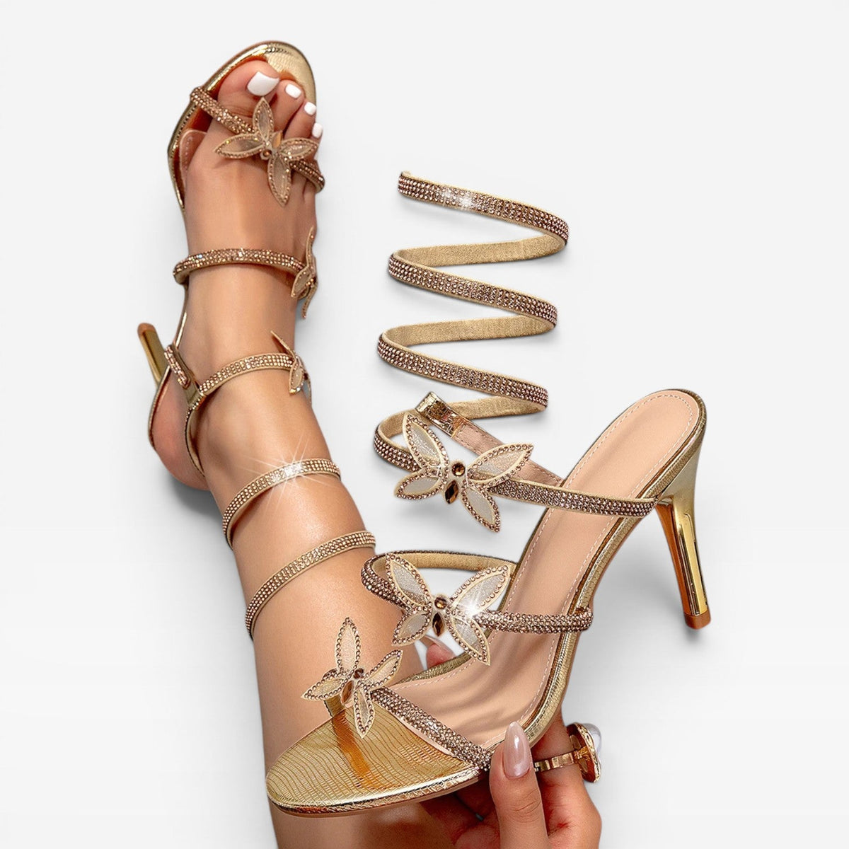 Crystal Butterfly Spiral Sandals, Open Toe Stilettos