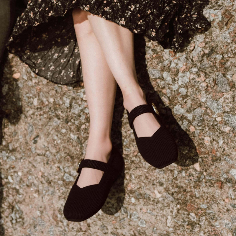 Knit Mary Jane Flats, Square Toe Buckle Strap Shoes