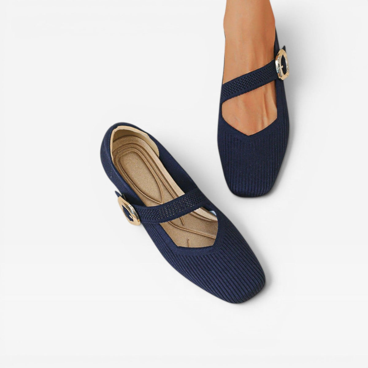 Knit Mary Jane Flats, Square Toe Buckle Strap Shoes