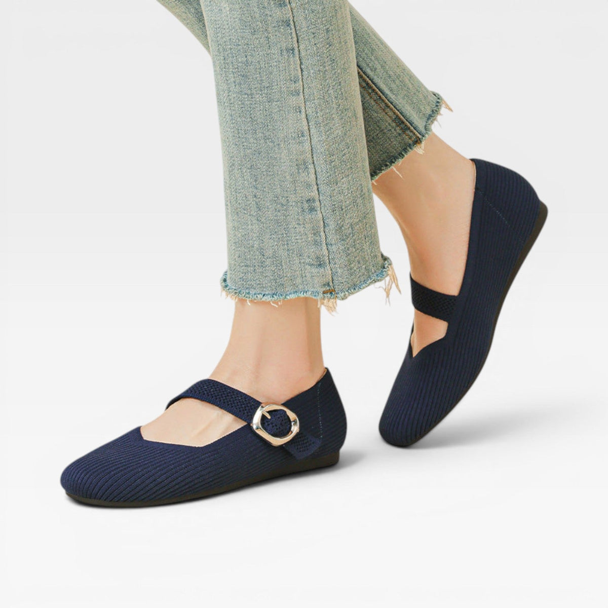 Knit Mary Jane Flats, Square Toe Buckle Strap Shoes