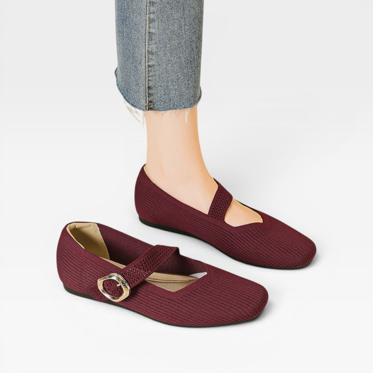 Knit Mary Jane Flats, Square Toe Buckle Strap Shoes