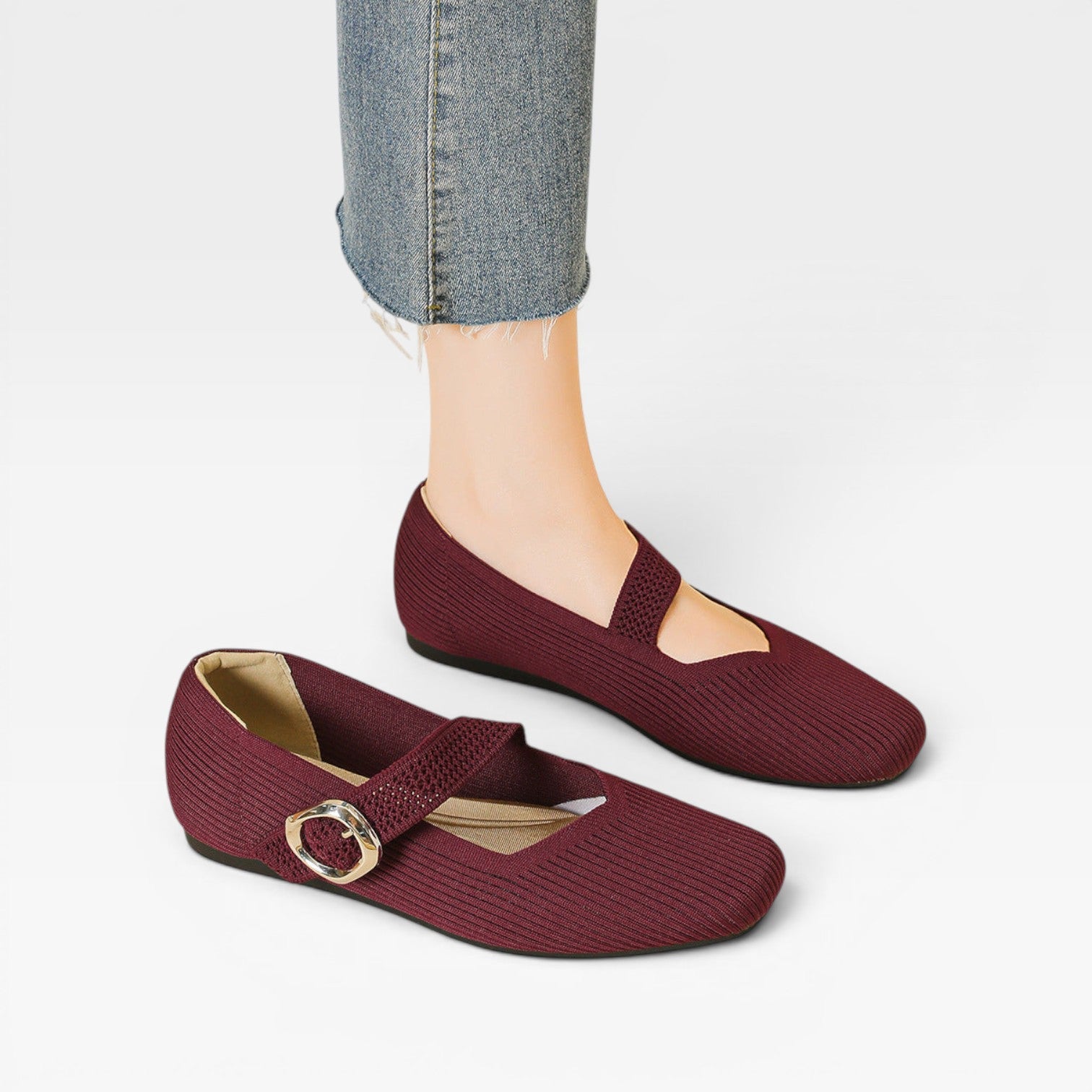 Knit Mary Jane Flats, Square Toe Buckle Strap Shoes