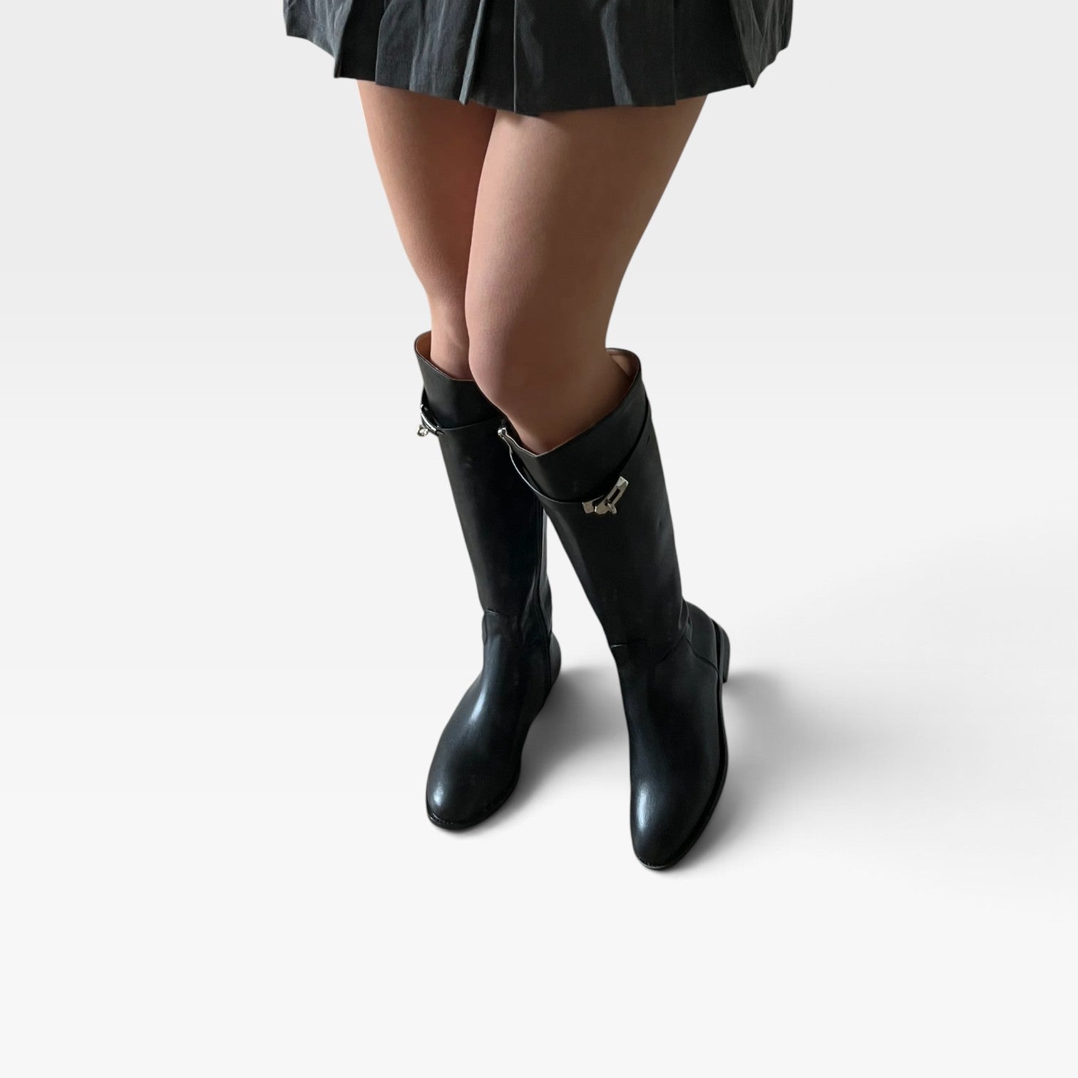 Leather Knee High Boots, Sculptural Buckle Block Heel