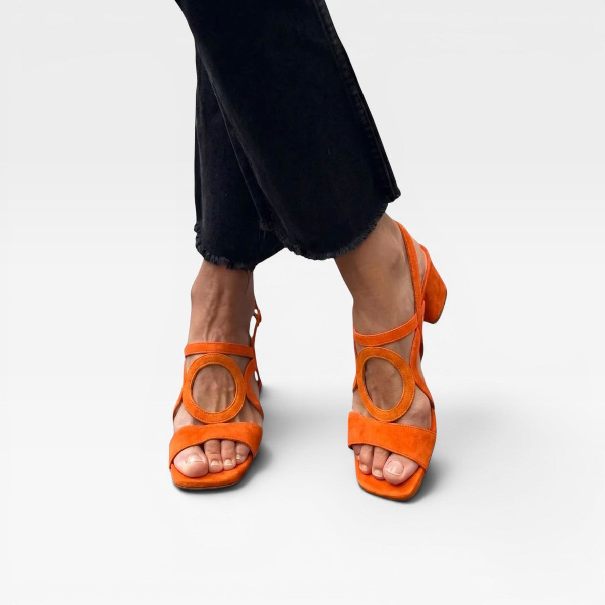 Suede Block Heel Sandals, Circle Cutout Ankle Strap