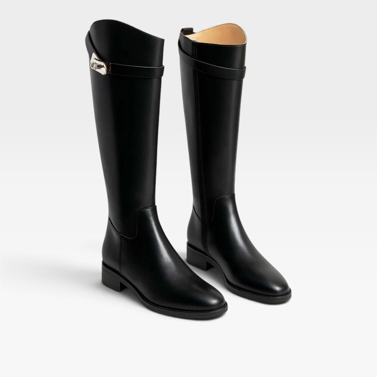 Leather Knee High Boots, Sculptural Buckle Block Heel