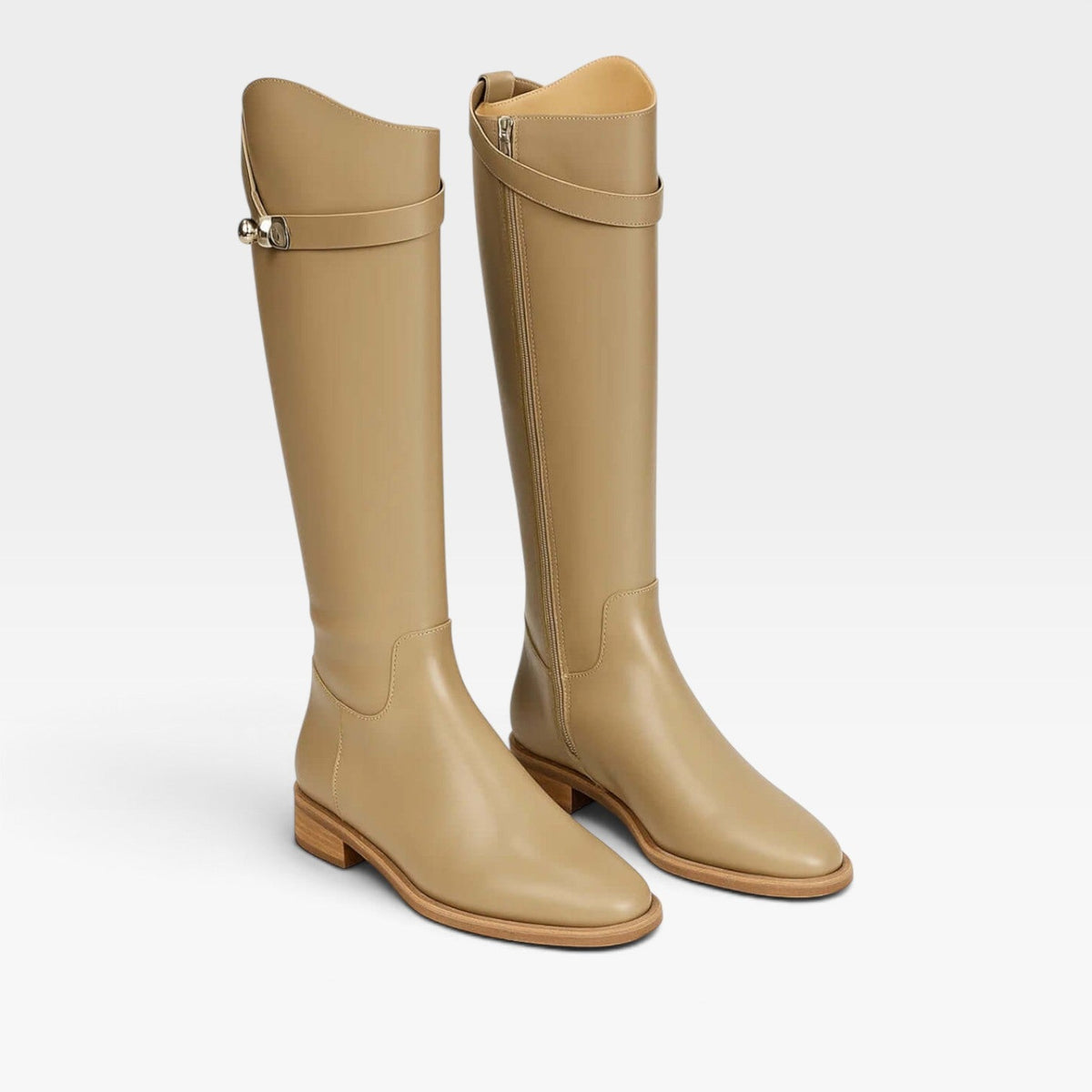 Leather Knee High Boots, Sculptural Buckle Block Heel