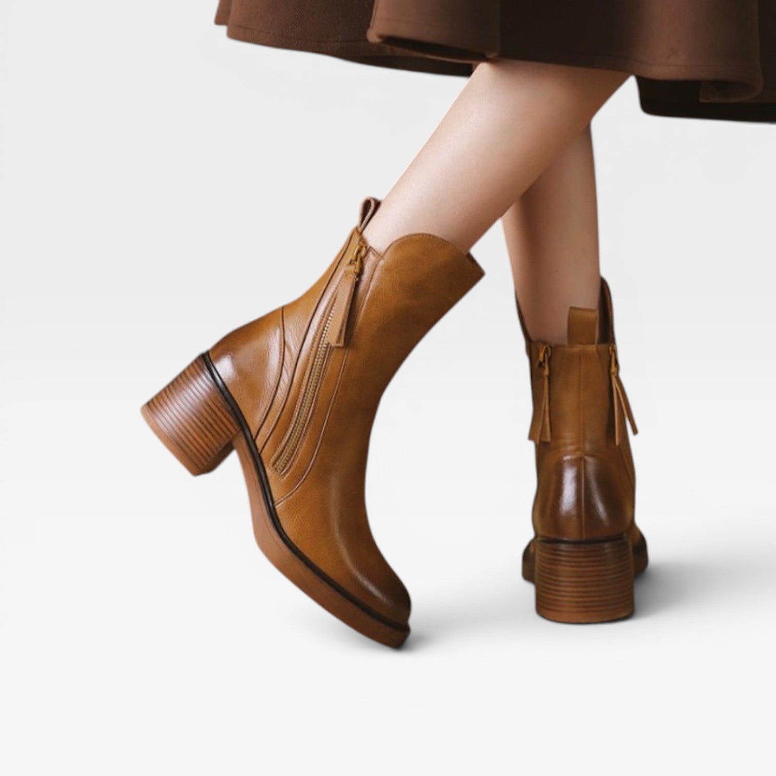 Leather Ankle Boots, Pointed Toe Stacked Heel Zip Up