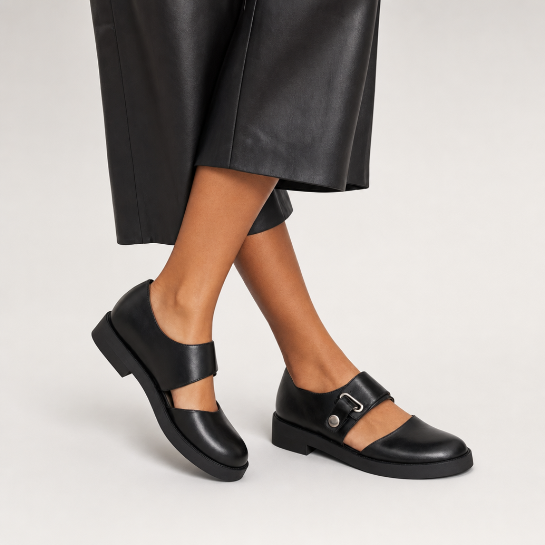 Leather Mary Jane Flats, Buckle Strap Low Block Heel