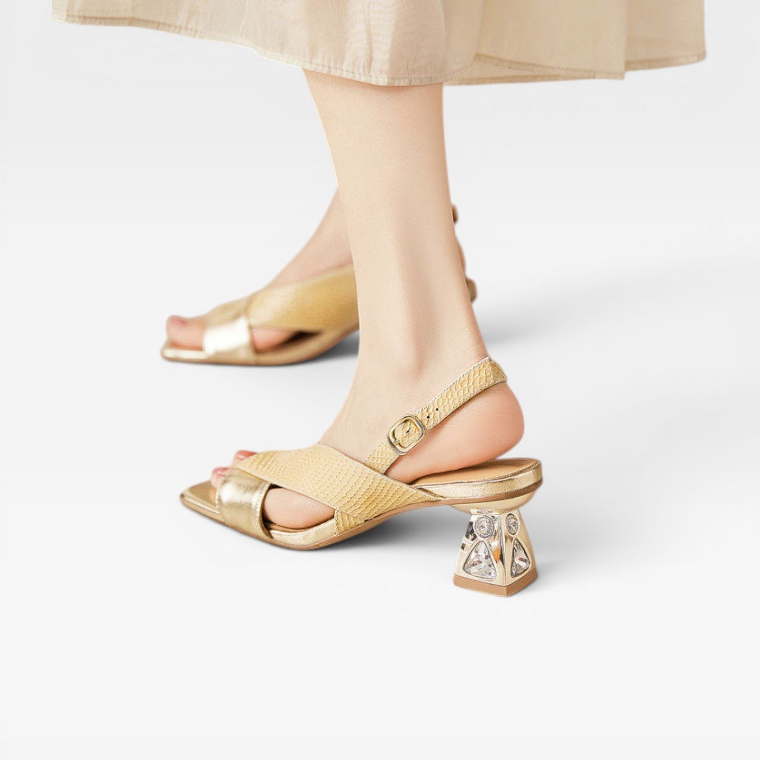 Sculpted Crystal Heel Leather Sandals, Slingback Pumps