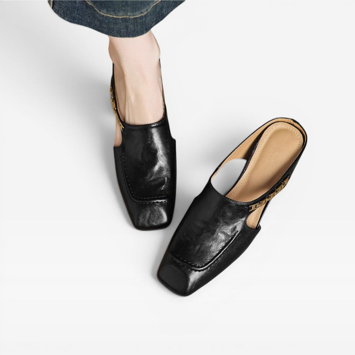 Square Toe Leather Mules, Gold Chain Low Heel Slip On