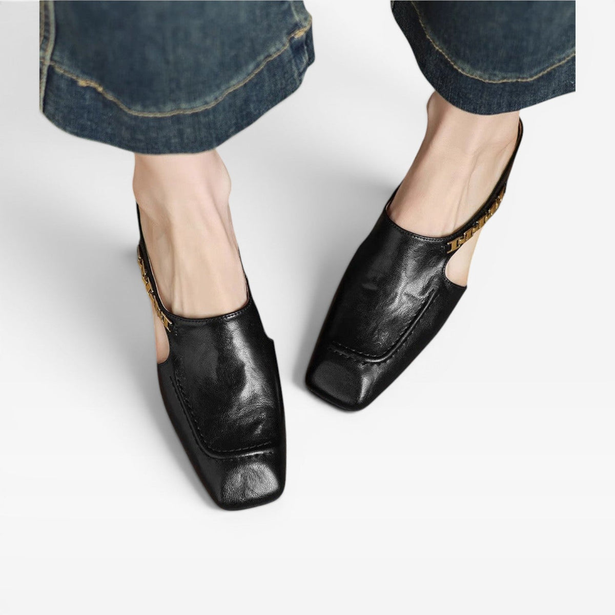 Square Toe Leather Mules, Gold Chain Low Heel Slip On