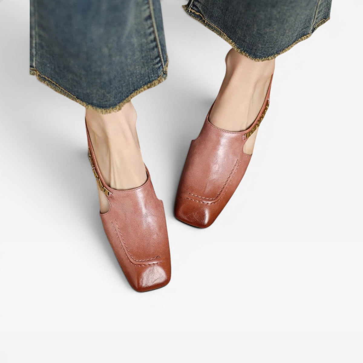 Square Toe Leather Mules, Gold Chain Low Heel Slip On