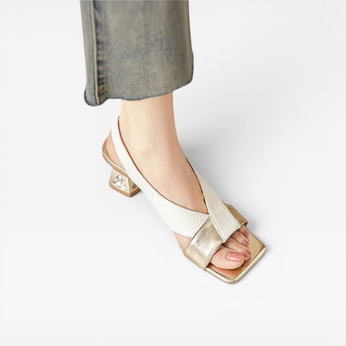 Sculpted Crystal Heel Leather Sandals, Slingback Pumps