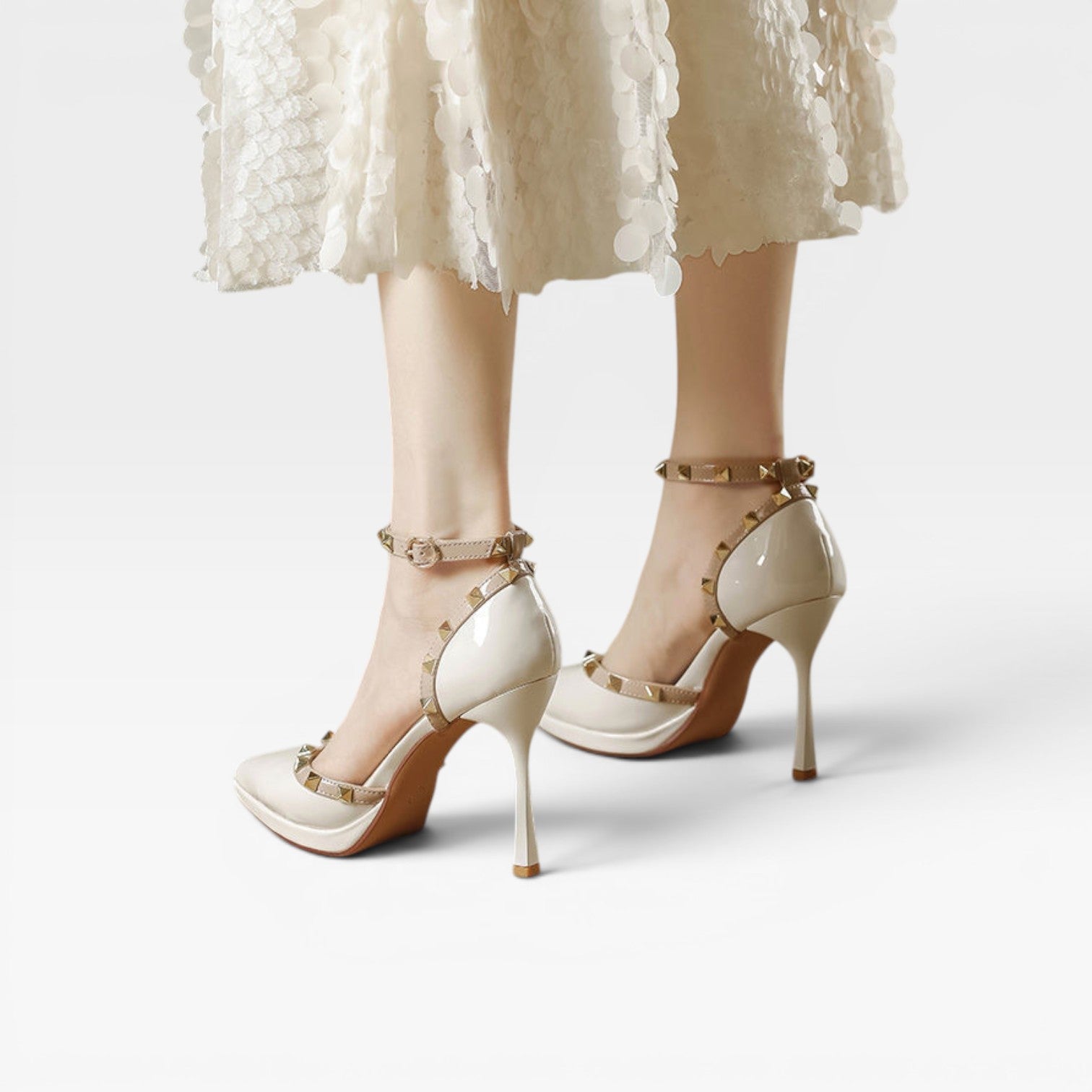 Studded Ankle Strap Stiletto Heels, Pointed Toe Pumps
