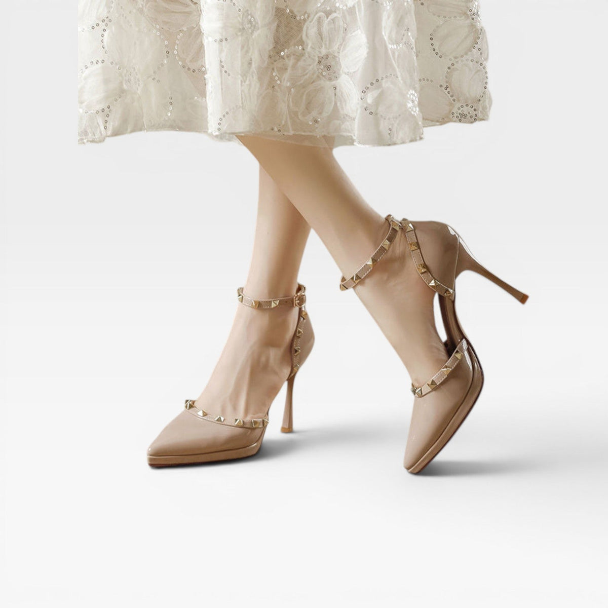 Studded Ankle Strap Stiletto Heels, Pointed Toe Pumps
