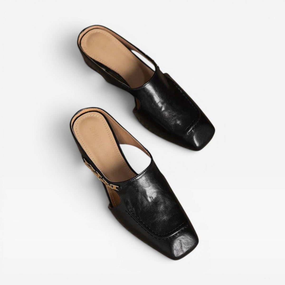 Square Toe Leather Mules, Gold Chain Low Heel Slip On