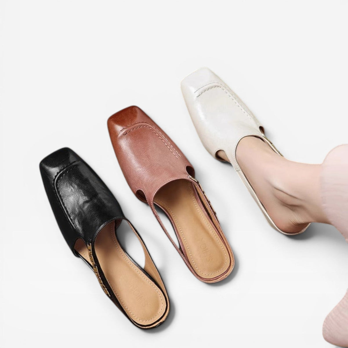 Square Toe Leather Mules, Gold Chain Low Heel Slip On