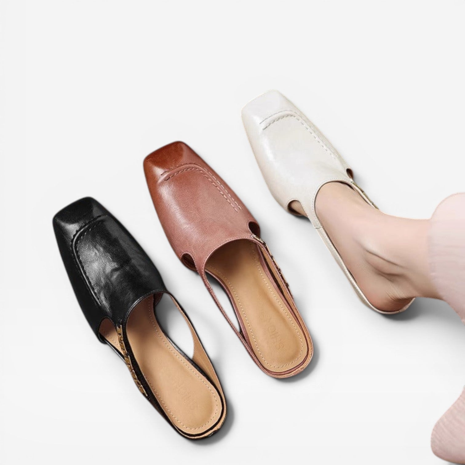 Square Toe Leather Mules, Gold Chain Low Heel Slip On
