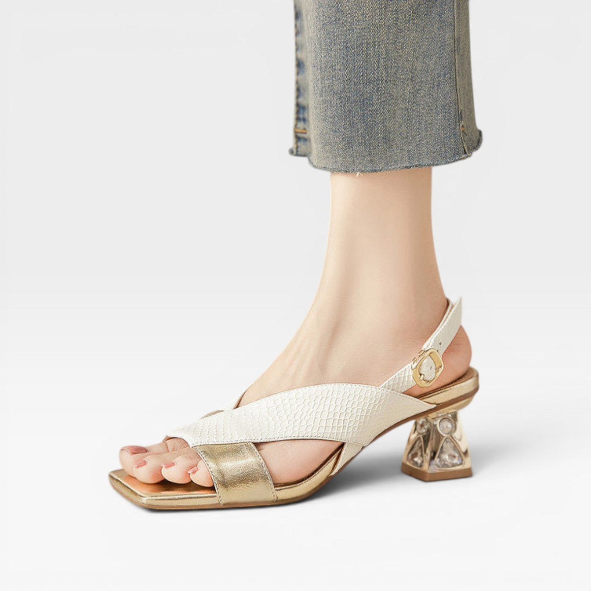 Sculpted Crystal Heel Leather Sandals, Slingback Pumps