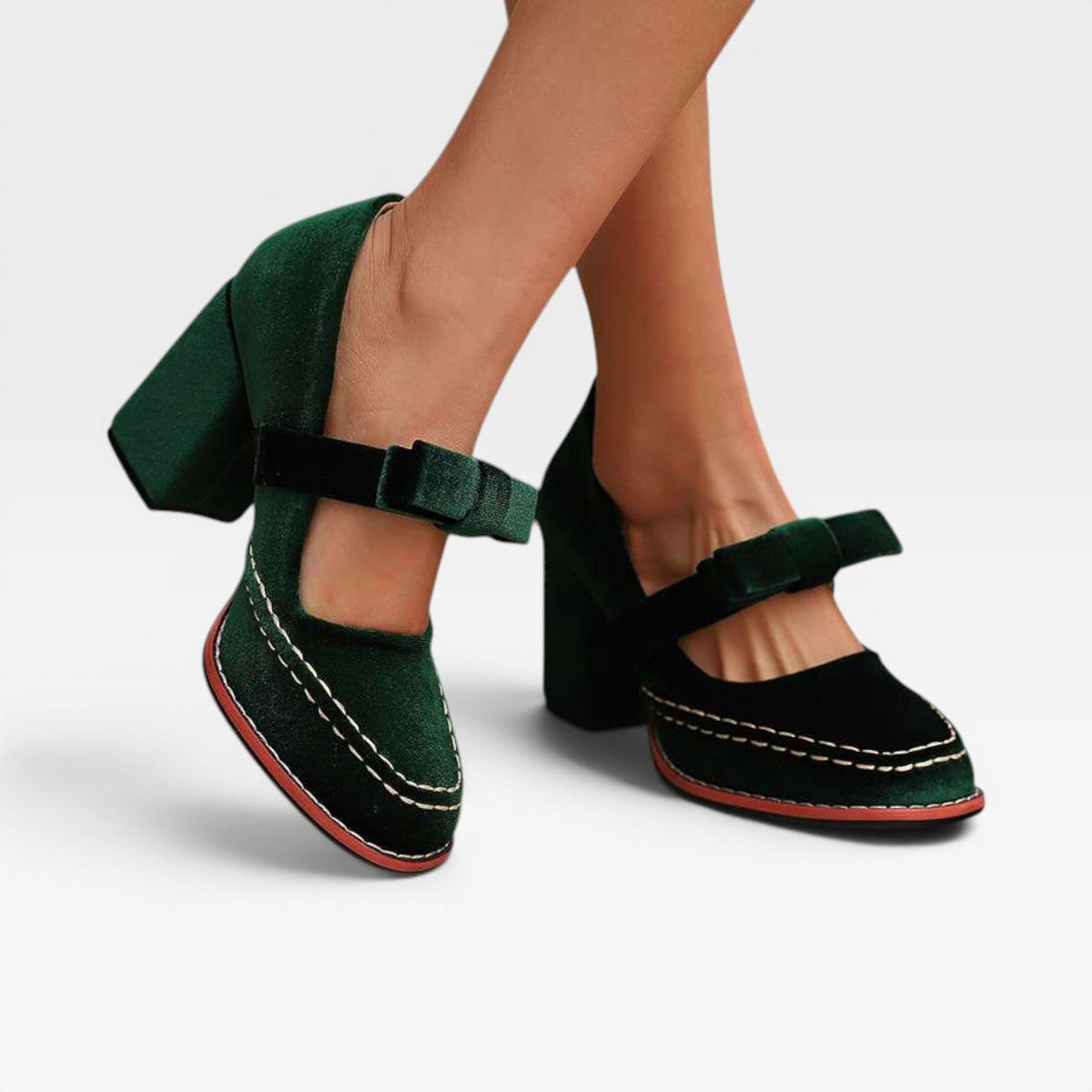 Velvet Mary Jane Pumps, Bow Block Heel Vintage Shoes