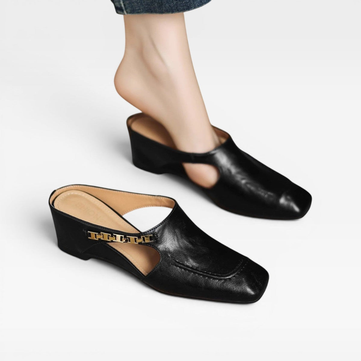 Square Toe Leather Mules, Gold Chain Low Heel Slip On