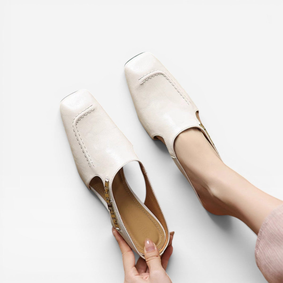 Square Toe Leather Mules, Gold Chain Low Heel Slip On