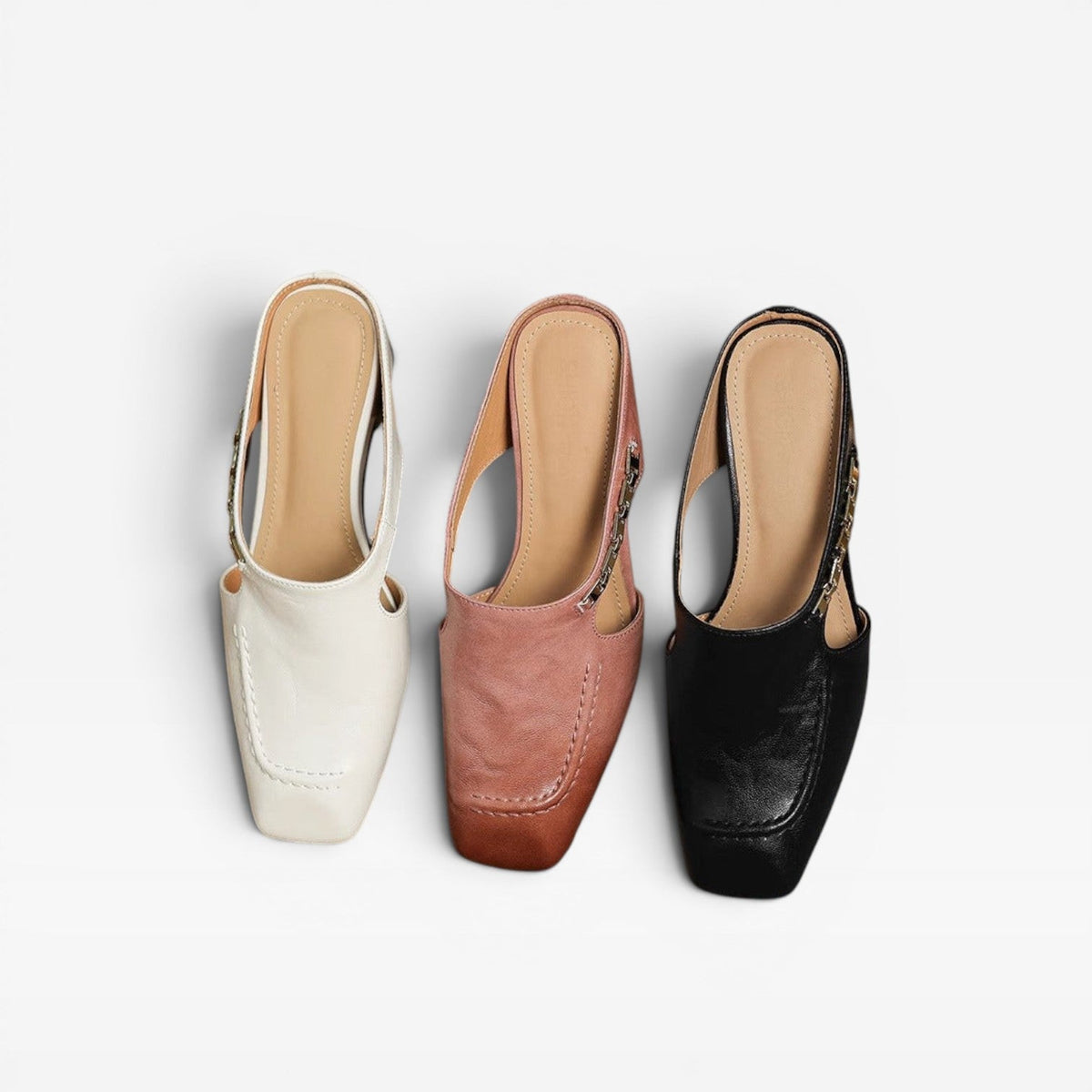 Square Toe Leather Mules, Gold Chain Low Heel Slip On