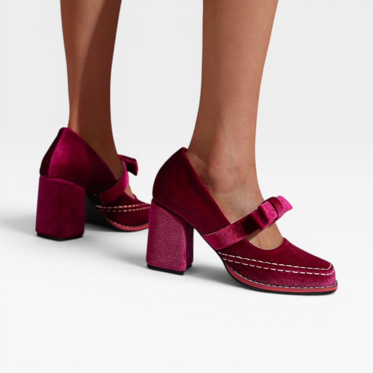 Velvet Mary Jane Pumps, Bow Block Heel Vintage Shoes