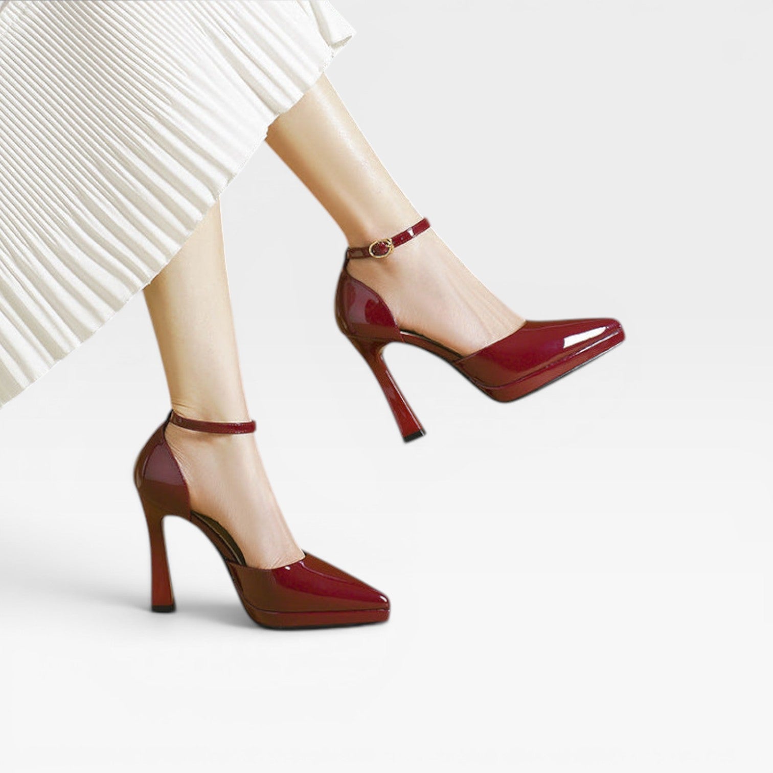 Patent Leather Pointed Toe Pumps, Ankle Strap Stiletto