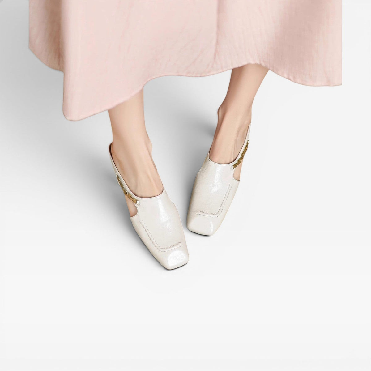 Square Toe Leather Mules, Gold Chain Low Heel Slip On