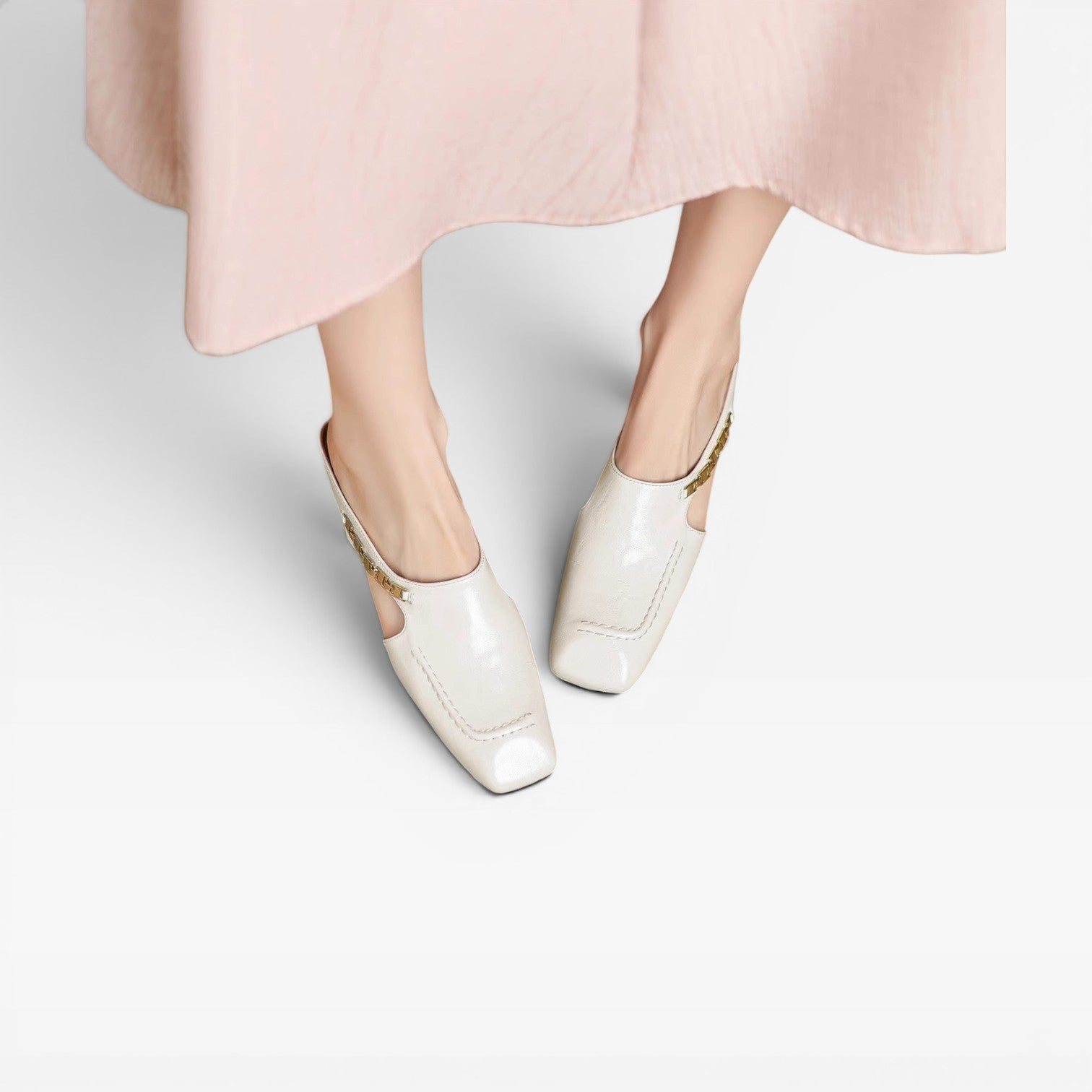 Square Toe Leather Mules, Gold Chain Low Heel Slip On